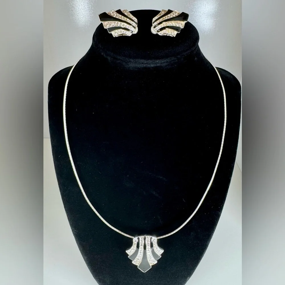 Avon Nina Ricci Black Enamel Rhinestone Silver Tone Necklace & Clip Earrings